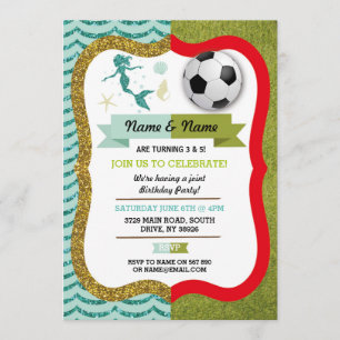 Invitation Mermaid & Football Boy Girl Birthday Soccer