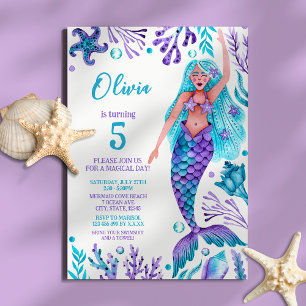 Invitation Mermaid Girl Watercolor Beach fête d'anniversaire