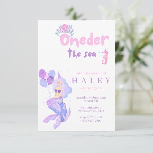 Invitation Mermaid Girly Oneder la mer 1er Baby Birthday (Debout devant)