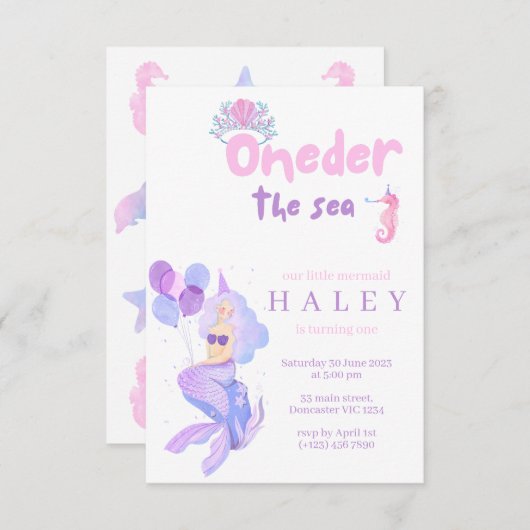 Invitation Mermaid Girly Oneder la mer 1er Baby Birthday (Devant / Derrière)