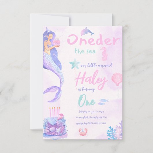 Invitation Mermaid Girly rose et pourpre 1er bébé anniversair (Devant)