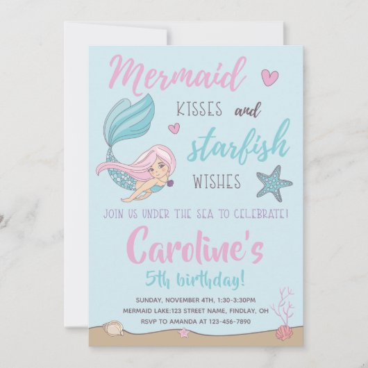 Invitation Mermaid Kisses Starfish Souhaite n'importe quel âg (Devant)