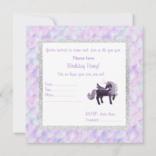 Invitation Mermaid licorn ANNIVERSAIRE DE L'INVITATION DU PAR (Dos)