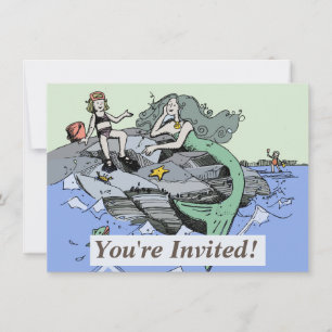 Invitation Mermaid littoral mignon dessin animé plage art pou