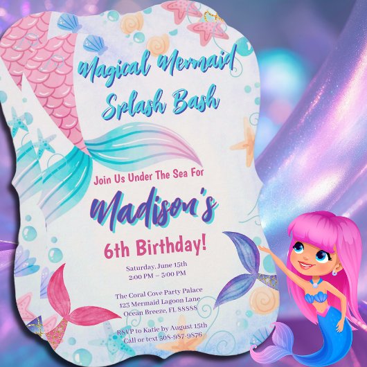 Invitation Mermaid Magique Aquarelle Queue Anniversaire