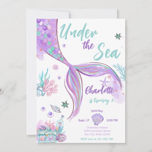 Invitation Mermaid Mette Sous La Parties scintillant De Mer A (Devant)