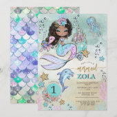 Invitation Mermaid noire éditable sous l'océan 1er anniversai (Devant / Derrière)