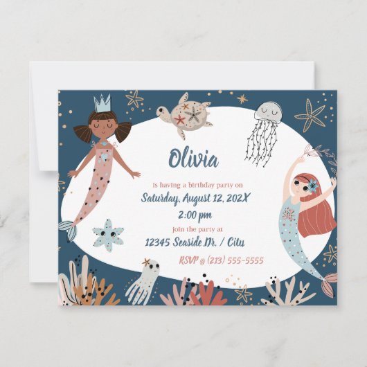Invitation Mermaid Ocean Beach Party Octopus Birthday Kid (Devant)
