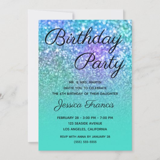 Invitation Mermaid Parties scintillant bleu turquoise Ombre a (Devant)