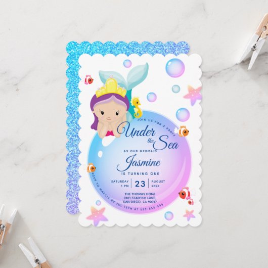 Invitation Mermaid Parties scintillant bulle violet Turquoise (Devant/Arrière en situation)