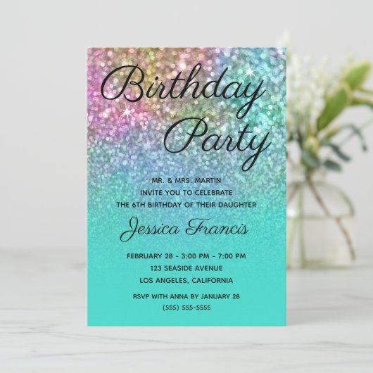 Invitation Mermaid Parties scintillant Turquoise Ombre fête d (Debout devant)