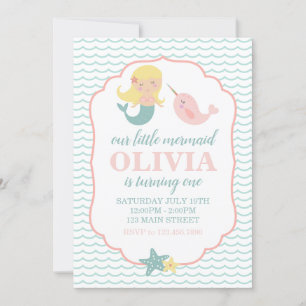 Invitation Mermaid Pastel Pink fête de premier anniversaire