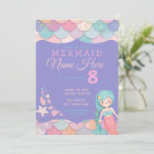 Invitation Mermaid Pastel rose violet Turquoise fille's Birth (Debout devant)