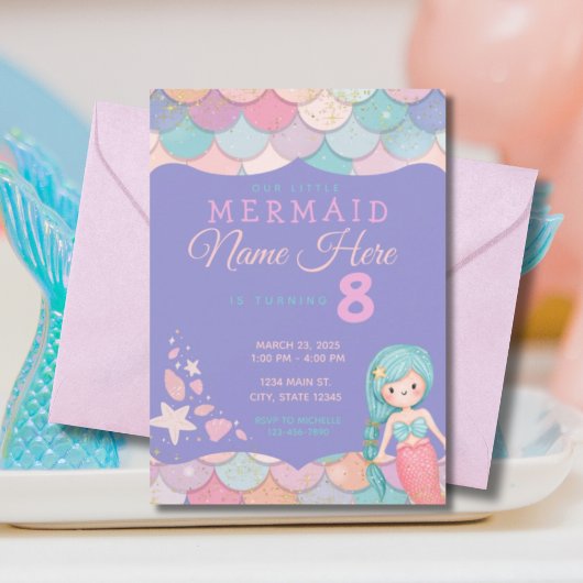 Invitation Mermaid Pastel rose violet Turquoise fille's Birth