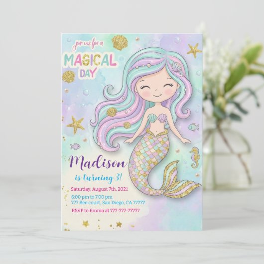 Invitation Mermaid Pink Purple Birthday (Debout devant)