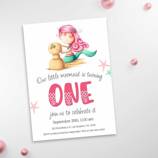 Invitation Mermaid Pink Turquoise 1er anniversaire