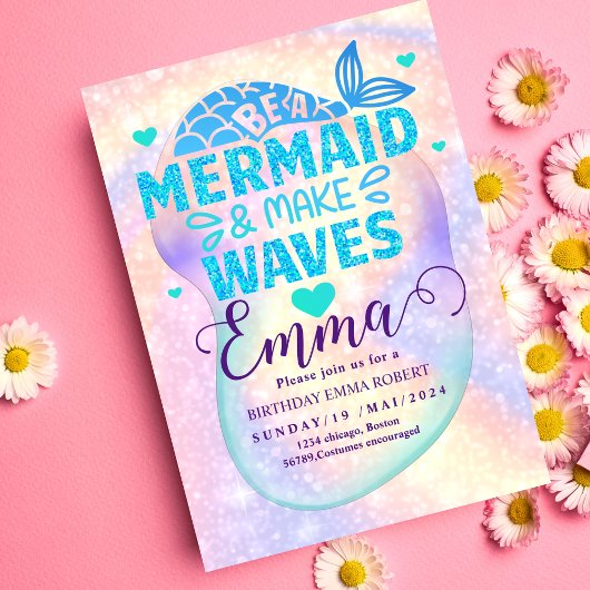 Invitation Mermaid Pool mer Party Pink anniversaire lumineux