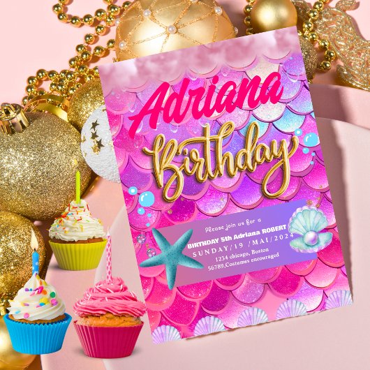 Invitation Mermaid Pool mer Party Pink anniversaire lumineux