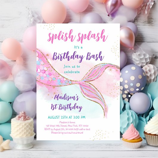 Invitation Mermaid Pool Party Or rose Anniversaire