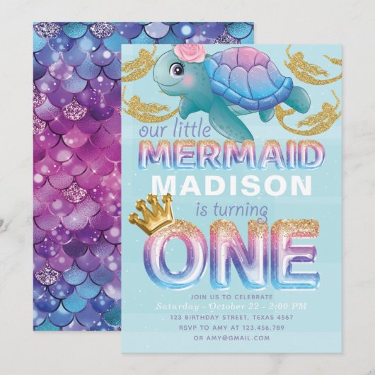 Invitation Mermaid Premier anniversaire Pink Blue Gold Partie (Devant / Derrière)