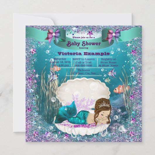 Invitation Mermaid Princess Baby shower fille (Devant)