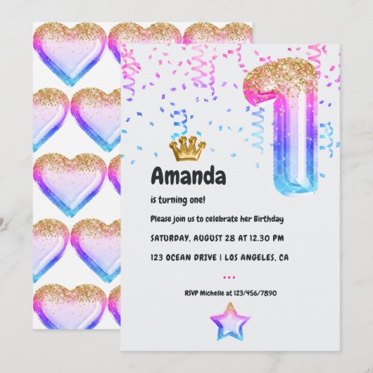 Invitation Mermaid Princess Balloon 1er anniversaire (Devant / Derrière)