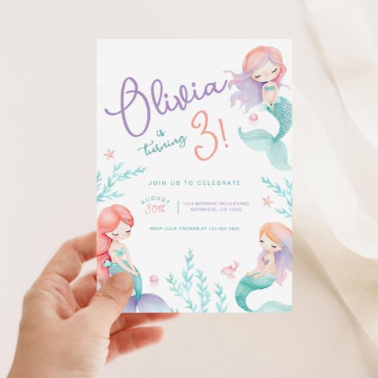 Invitation Mermaid Purple et fête d'anniversaire Turquoise