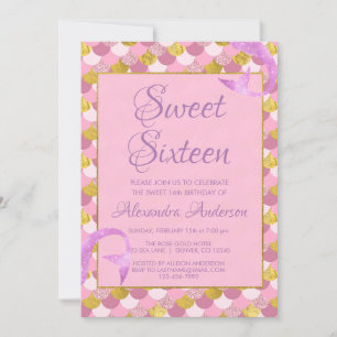 Invitation Mermaid Purple, rose et or Sweet 16 Anniversaire