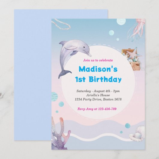 Invitation Mermaid Queue sous la mer rose or Anniversaire (Devant / Derrière)