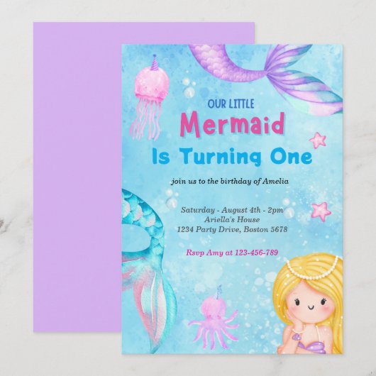 Invitation Mermaid Queue sous la mer rose or Anniversaire (Devant / Derrière)