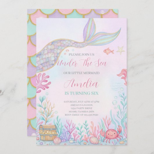 Invitation Mermaid Queue Sous L'Invitation D'Anniversaire En (Devant / Derrière)