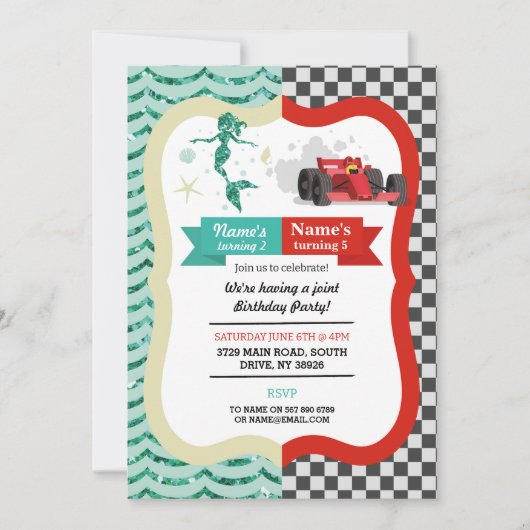 Invitation Mermaid & Racing Car Joint Garçon fille Anniversai (Devant)