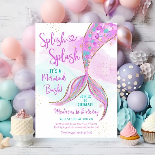 Invitation Mermaid rose violet or Aquarelle Anniversaire