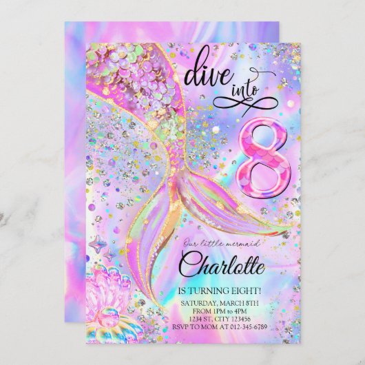 Invitation Mermaid rose violet plonger dans huit ans (Devant / Derrière)