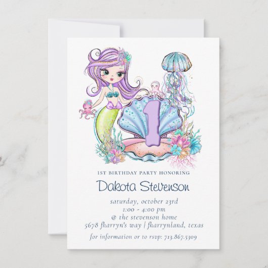 Invitation Mermaid Sea Life | Fête d'anniversaire avec âge pe (Devant)