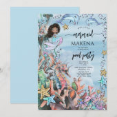 Invitation Mermaid Seahorse Rose Bleu Anniversaire (Devant / Derrière)