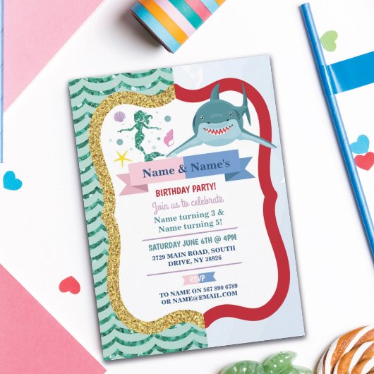 Invitation Mermaid & Shark Joint Boy Girl Anniversaire