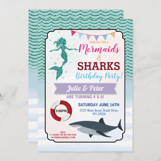 Invitation Mermaid Shark Pool Party Joint Boy Girl Anniversai (Devant / Derrière)