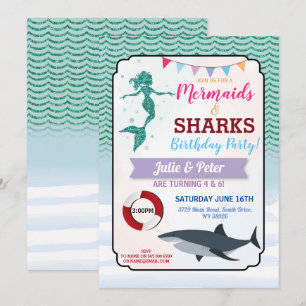 Invitation Mermaid Shark Pool Party Joint Boy Girl Anniversai
