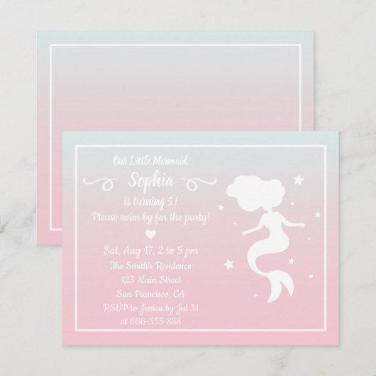 Invitation Mermaid Silhouette rose bleu Ombre fête d'annivers (Devant / Derrière)