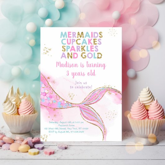Invitation Mermaid Sparkles Gold Anniversaire