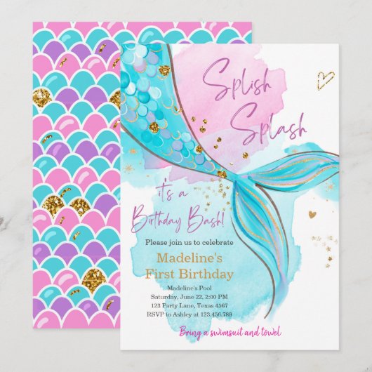 Invitation Mermaid Splish Pool Party Fille Anniversaire (Devant / Derrière)