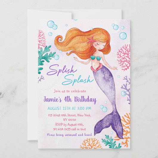Invitation Mermaid Splish Splash 4e fête d'anniversaire (Devant)