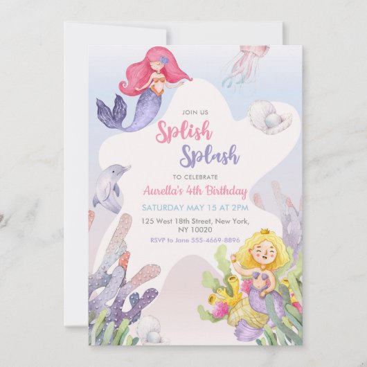 Invitation Mermaid Splish Splash 4e fête d'anniversaire (Devant)