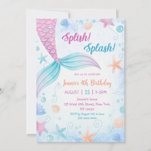 Invitation Mermaid Splish Splash 4e fête d'anniversaire (Devant)