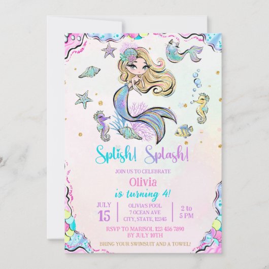 Invitation Mermaid Splish Splash 4e fête d'anniversaire (Devant)