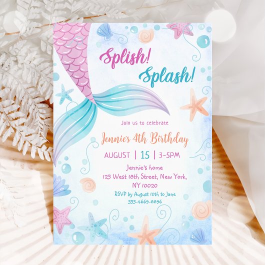 Invitation Mermaid Splish Splash 4e fête d'anniversaire