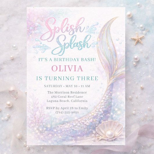 Invitation Mermaid Splish Splash Birthday Bash Party