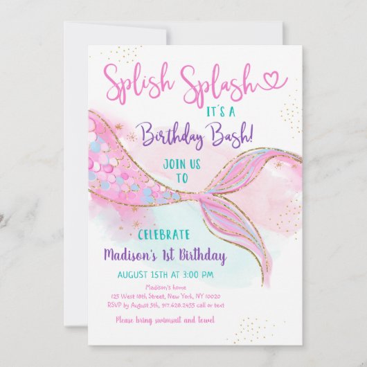 Invitation Mermaid Splish Splash Or rose Anniversaire (Devant)