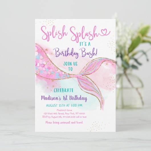 Invitation Mermaid Splish Splash Or rose Anniversaire (Debout devant)